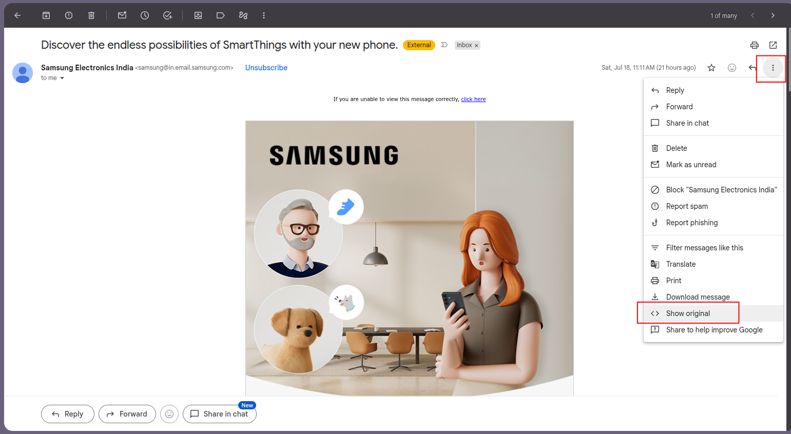Gmail message with the three-dot menu open and Show original highlighted