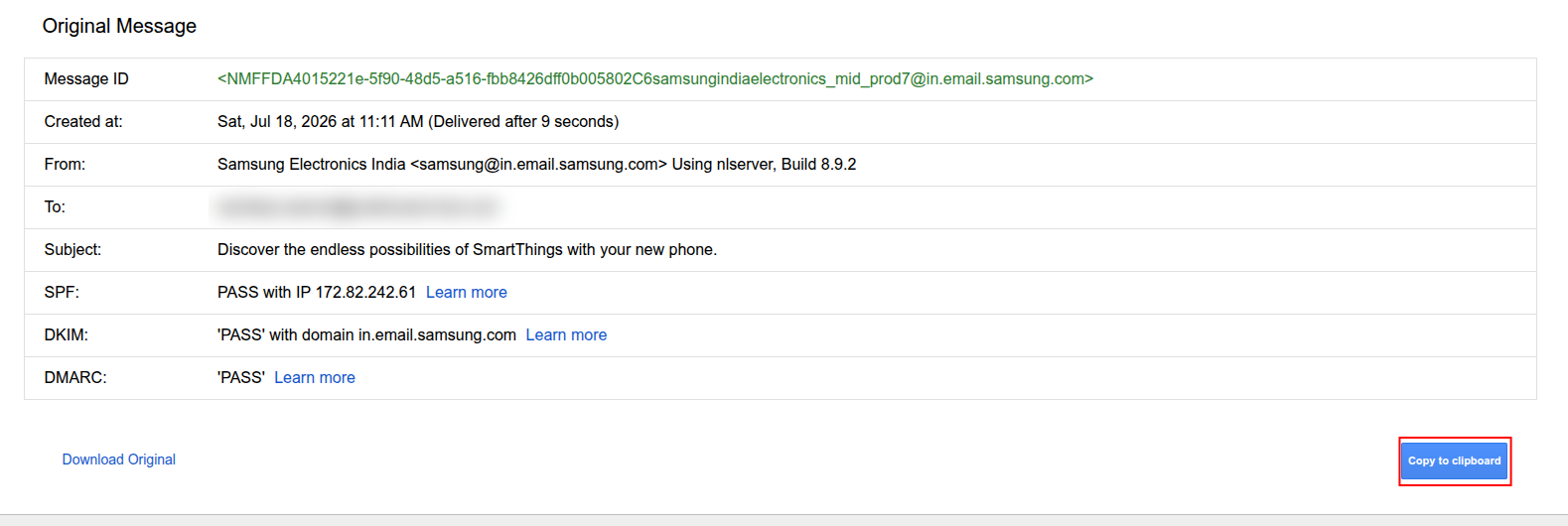 Gmail Original Message page with the Copy to clipboard button highlighted